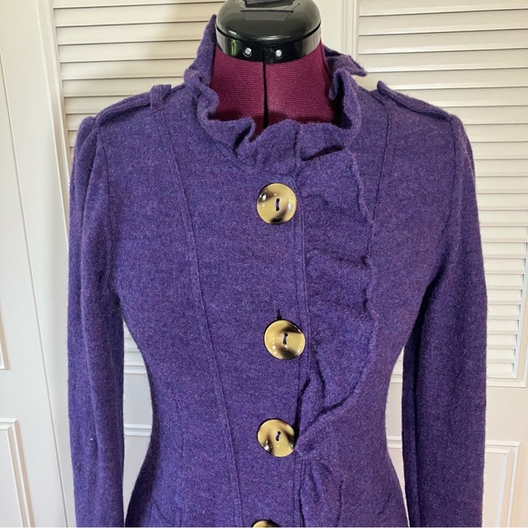 Anthropologie Luii Purple Ruffle Trim Lightweight Felted Wool Jacket - Small - Picture 5 of 11